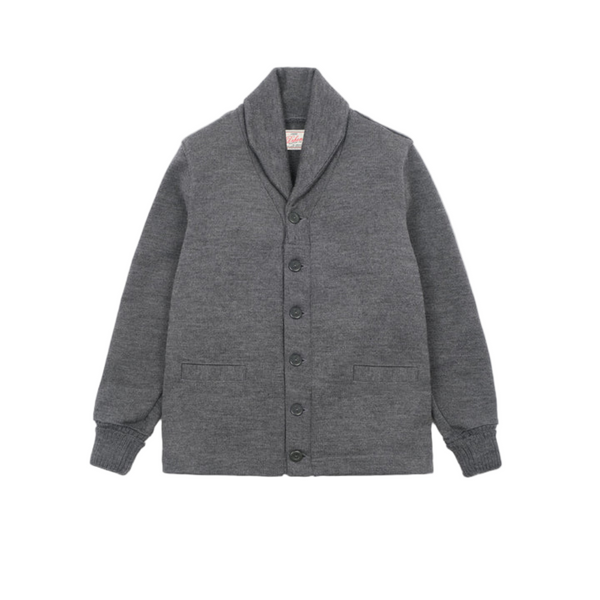 Gray cardigan with a shawl collar on a white background