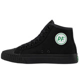 Side profile of black canvas high-top sneakers with black laces, black grommets, and a black rubber sole. On the side of the ankle is a white circle with [P.F.] in green text.