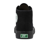 Back of black canvas high-top sneaker with black rubber sole and siding with a green rubber rectangle on the back of the siding with [P.F.] in white text