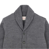 Gray cardigan with a brand label on a white background