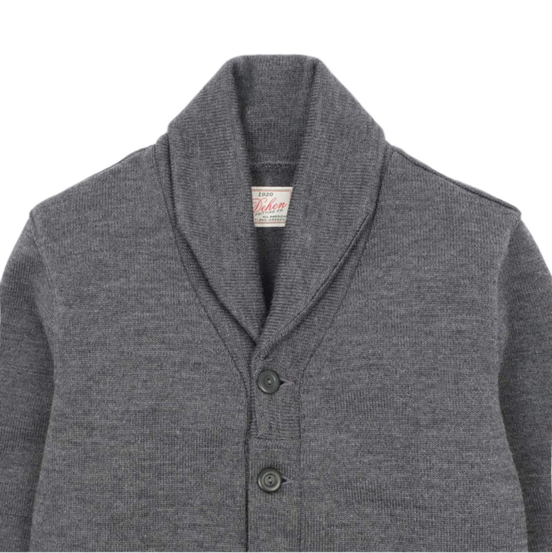 Gray cardigan with a brand label on a white background