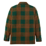 Backside view of an orange and green plaid wool shirt on a flat white background