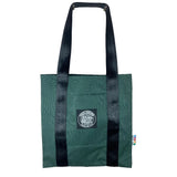 dark green tote bag with black straps on white background
