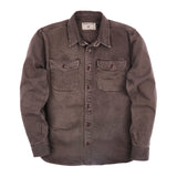 Brown button up utility shirt on a flat white background.