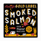 Gold Label Smoked Salmon packaging with colorful text and illustrations on a black background