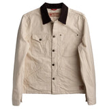 White denim jacket with a black collar on a white background