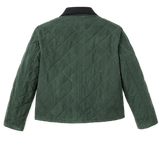Back view of a dark green quilted coat on a flat white background 