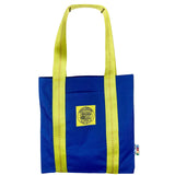 Blue tote back with yellow straps on a white background