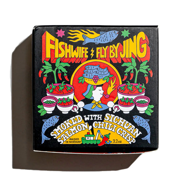 "colorful cartoon covered box containing a can of smoked salmon with sichuan chili crisp fly by jing sauce'