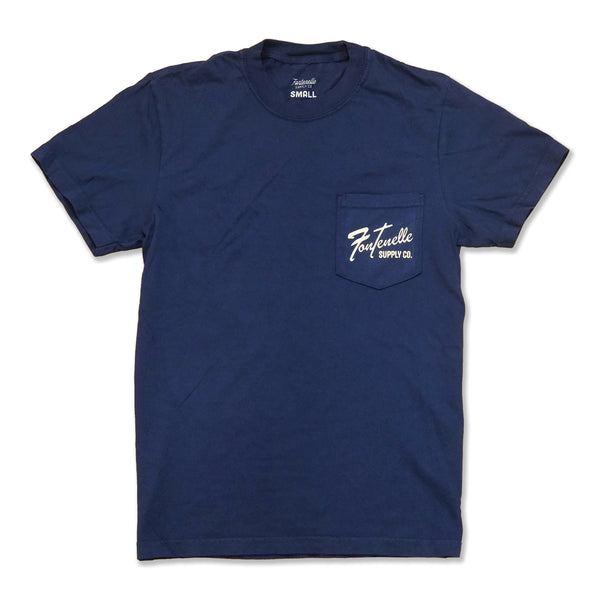 Navy blue t-shirt with a logo on the chest pocket against a white background