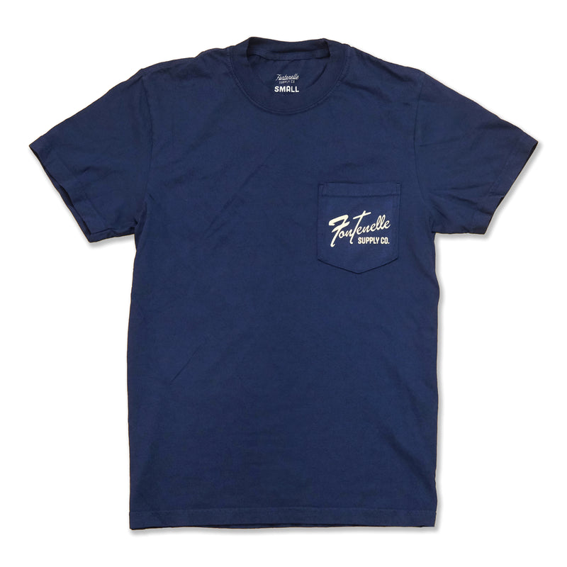 Navy blue t-shirt with a logo on the chest pocket against a white background