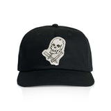 Black cap with a white skull and crossbones design on a white background