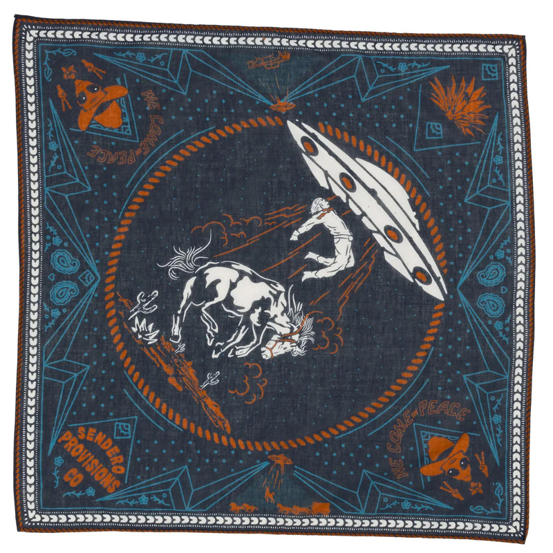 teal and orange bandana with white UFO lifting up a cowboy and horse