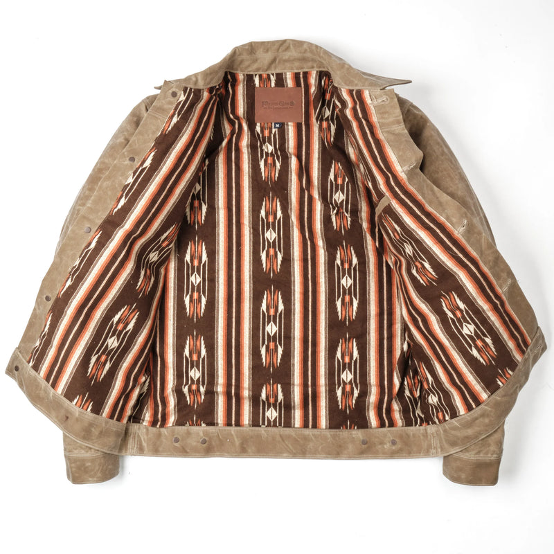 Freenote Cloth Riders Jacket in Waxed Canvas Tobacco open to show inner lining