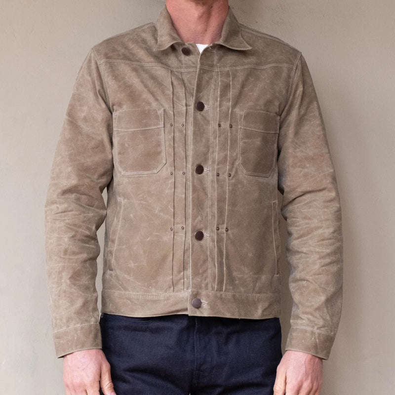 Freenote Cloth Riders Jacket in Waxed Canvas Tobacco on model