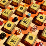 Collection of mystery dice boxes with dice inside on a patterned surface