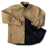 Unbuttoned tan shirt jacket with a blue plaid inner lining on a white background
