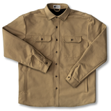 Tan shirt jacket on a flat white background