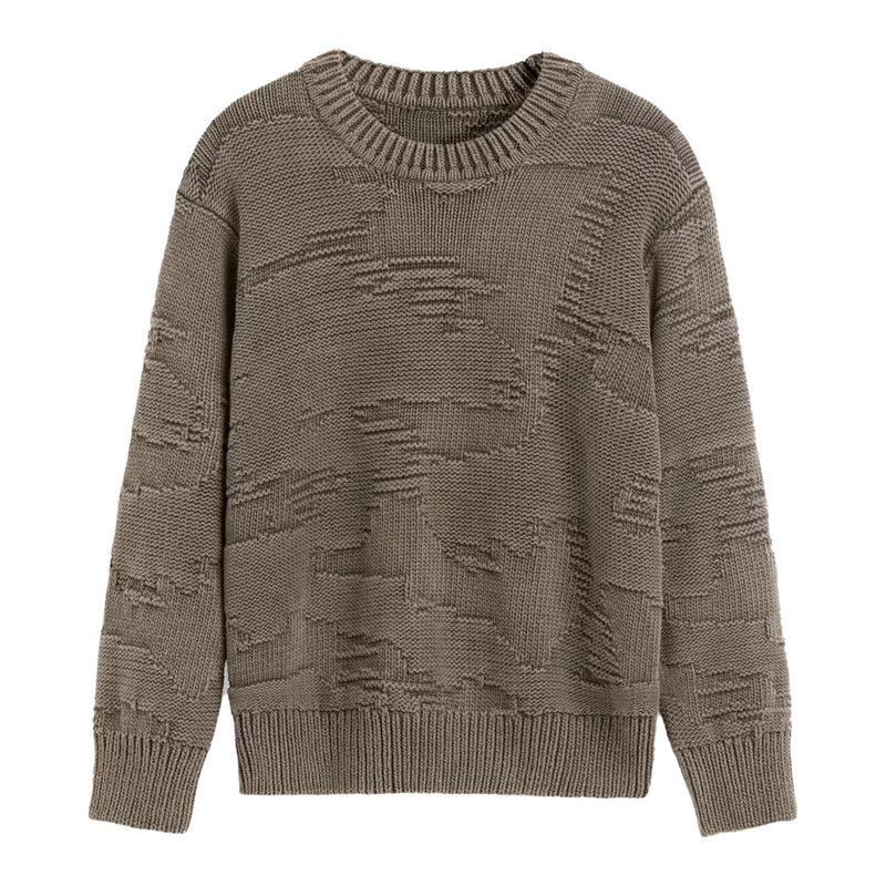 Front of OAS Pino Crewneck in dark Brown heavy Jacquard knit