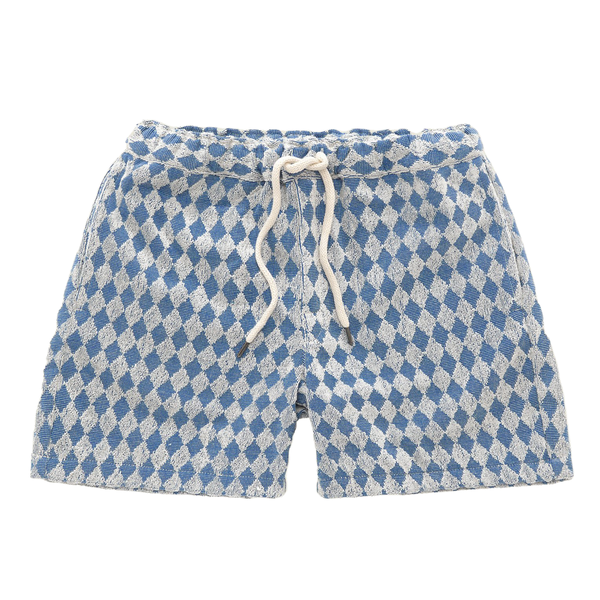 OAS Terry Cloth Drawstring Shorts with Zipper in Navy Diamond