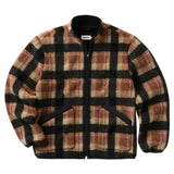 Black and orange plaid fleece coat on a flat white background.
