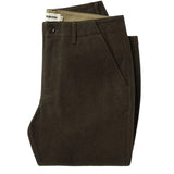 Dark green wool pants folded on a flat white background