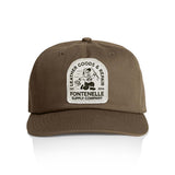 Brown cap with a white logo and text on a white background