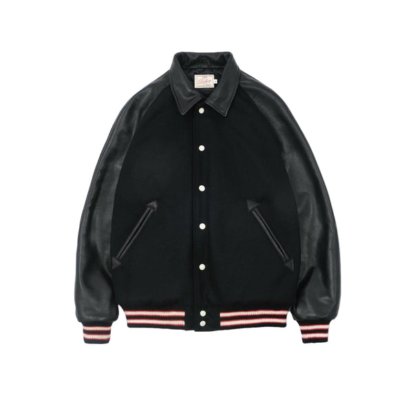 Black varsity jacket with leather sleeves on a white background