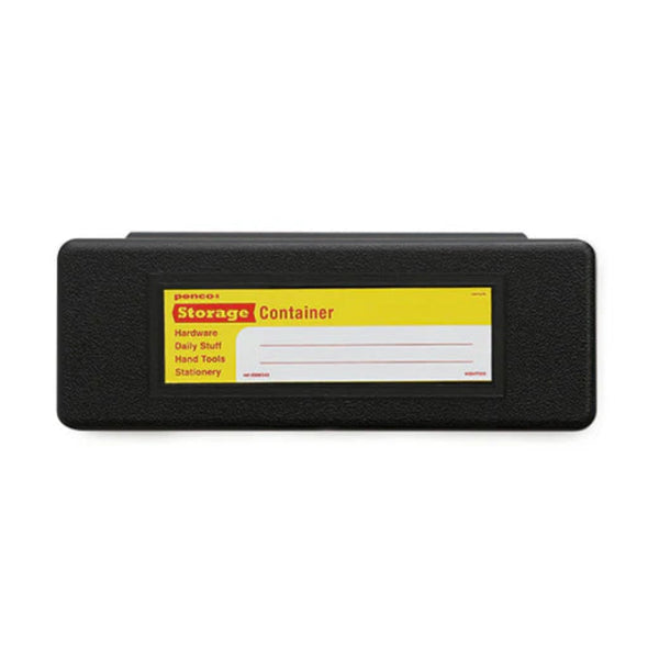 Black storage container with a label on a white background