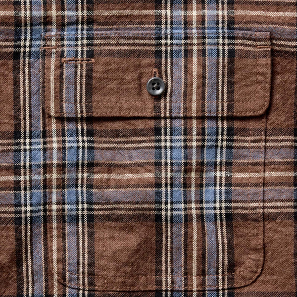 Close-up of a plaid shirt with a buttoned pocket