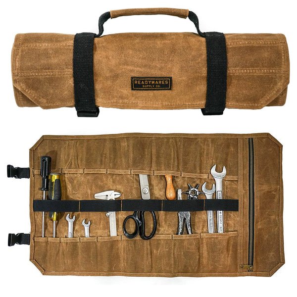 Tool Roll Bag rolled and opened with tools in it