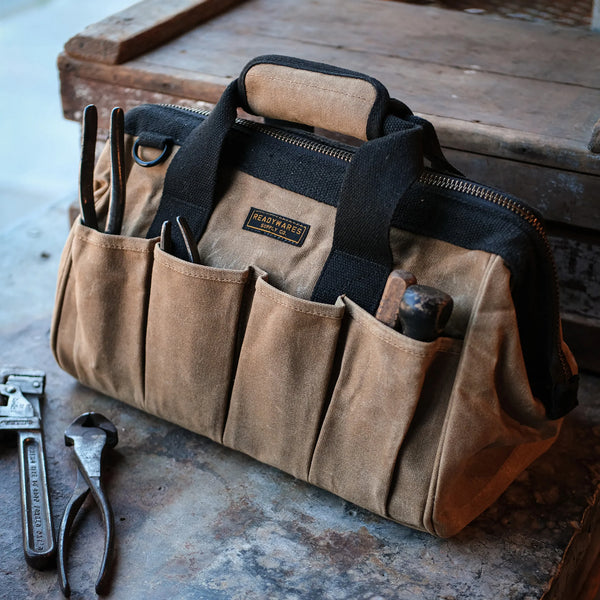 Waxed Canvas Tool Bag with tools in it