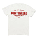 White t-shirt with red and black text on a white background