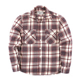 Front of white, red, and black plaid long-sleeved flannel shirt with a row of small white buttons going down the center and two chest pockets with button-secured flaps. 