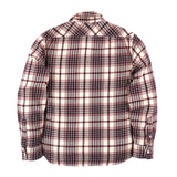 Back of white, red, and black plaid long-sleeved flannel shirt