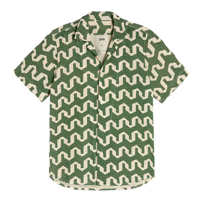 "Cream and green short sleeve button up mesh net material breathable"