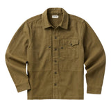 Front of olivey-brown overshirt with brass colored snaps going down the center, long sleeves, and a chest pocket on the wearer's right side with a snap-secured flap
