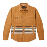 "soft heavy blanket shirt in golden brown with multi color horizontal stripes across stomach area"