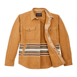 "soft heavy blanket shirt in golden brown with multi color horizontal stripes across stomach area with the buttons open"