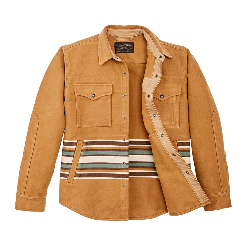 "soft heavy blanket shirt in golden brown with multi color horizontal stripes across stomach area with the buttons open"
