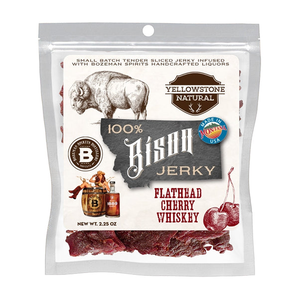 "package of yellowstone natural bison jerky flathead cherry whiskey flavor"