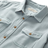 collar and pocket flaps on the outerknown chroma blanket shirt harbor sky blue