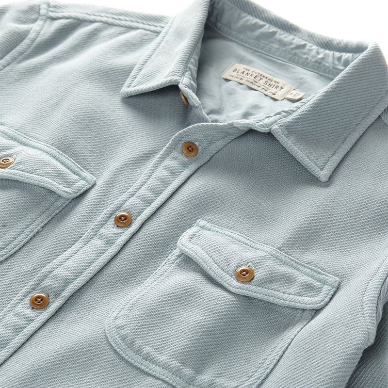 collar and pocket flaps on the outerknown chroma blanket shirt harbor sky blue