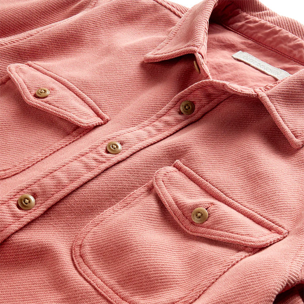 chest button flap pockets and collar outerknown blanket shirt in salmon color mineral red with tan buttons