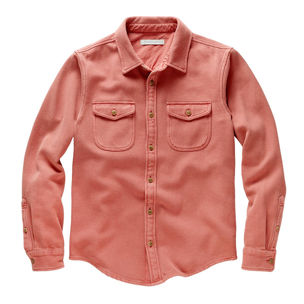flat lay of the outerknown blanket shirt in salmon color mineral red with tan buttons