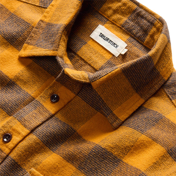 "Taylor stitch yosemite button down collared shirt mustard and saffron buffalo check collar and tag"
