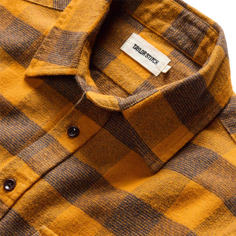 "Taylor stitch yosemite button down collared shirt mustard and saffron buffalo check collar and tag"