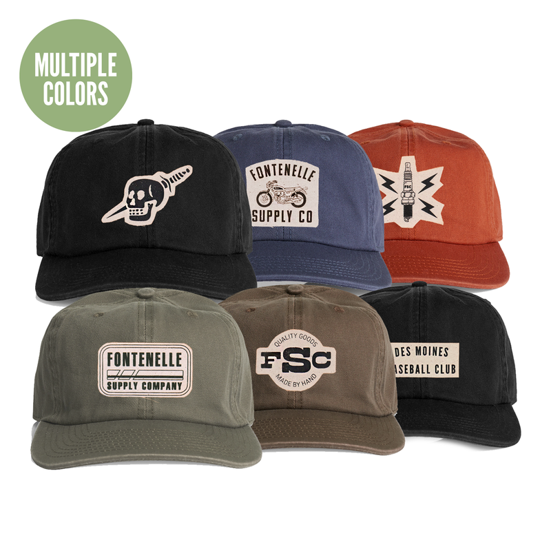 canvas patch hats with fontenelle supply co motifs