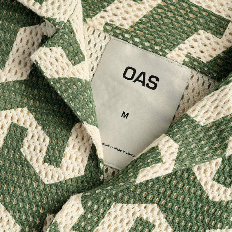 " close up oas tag Cream and green short sleeve button up mesh net material breathable"