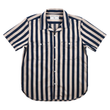 Navy and beige striped shirt on a white background